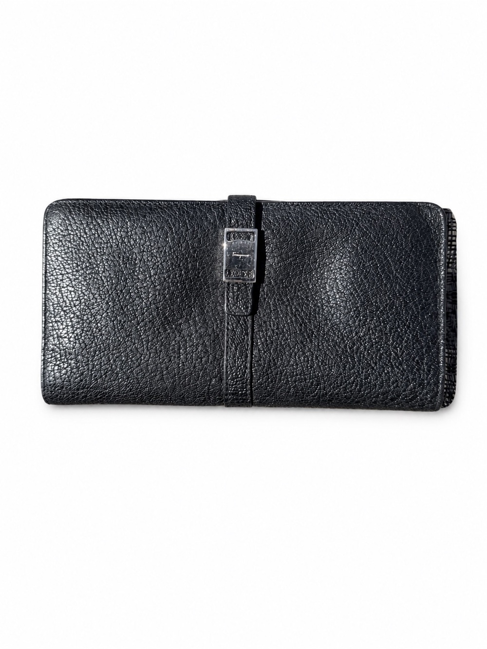 Salvatore Ferragamo Black Textured Leather Zip Wallet with Silver Hardware